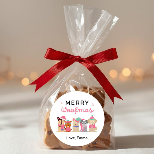 Merry Woofmas Personalized Christmas Stickers, Custom Holiday Festive Dog Puppy Gift Labels