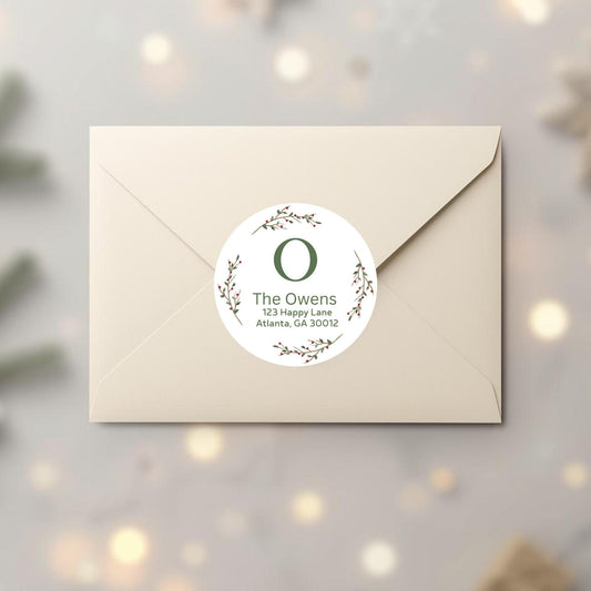 Christmas Floral Wreath Personalized Mongram Return Address Stickers, Custom Holiday Name Labels for Invitation Envelope Seals