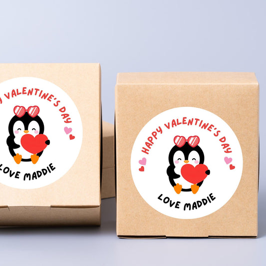Personalized Penguin Happy Valentines Day Stickers, Custom Kids School Party Favor Treat Bag Labels
