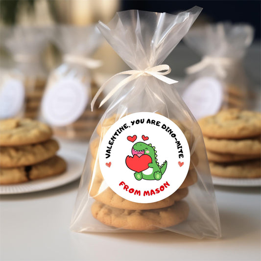Personalized You are Dino Mite Stickers, Custom Happy Valentines Day Kids Party Favor Treat Bag Sticker