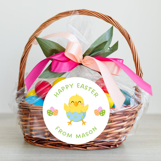 Personalized Happy Easter Ducky Stickers, Custom Name Gift Basket Party Favor Labels