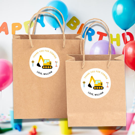 Personalized Construction Excavator Birthday Stickers, Custom Party Favor Gift Bags Labels