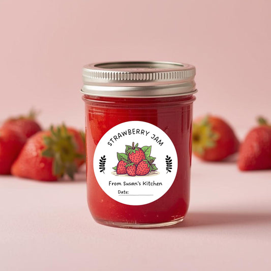 Personalized Strawberry Jam Stickers, Custom Homemade Fruit Canning with Date Line Labels
