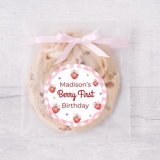 Berry First Personalized Birthday Stickers, Custom 1st Birthday Party Favor Goody Bag Labels