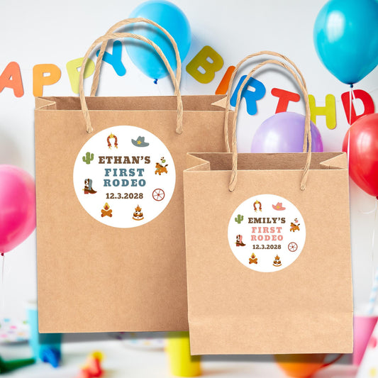 Personalized First Rodeo Birthday Sticker, Custom Western Cowboy Cowgirl Party Favor Labels