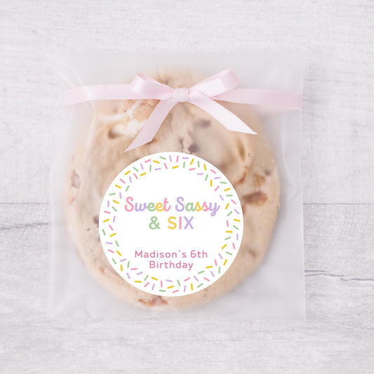 Personalized Sweet Sassy and Six Birthday Stickers, Kids Custom Party Favor Gift Bag Labels