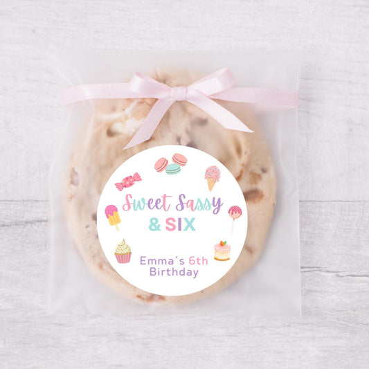 Personalized Sweet Sassy and Six Birthday Stickers, Kids Custom Party Favor Gift Bag Labels