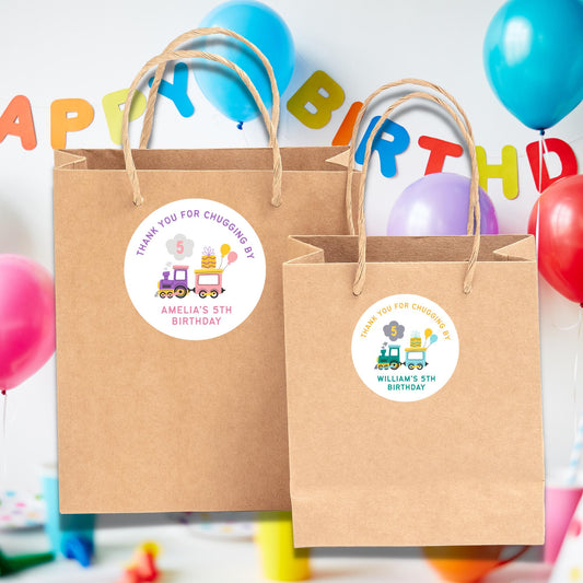 Personalized Train Birthday Sticker, Custom Kids Thank You for Chugging By Party Favor Labels