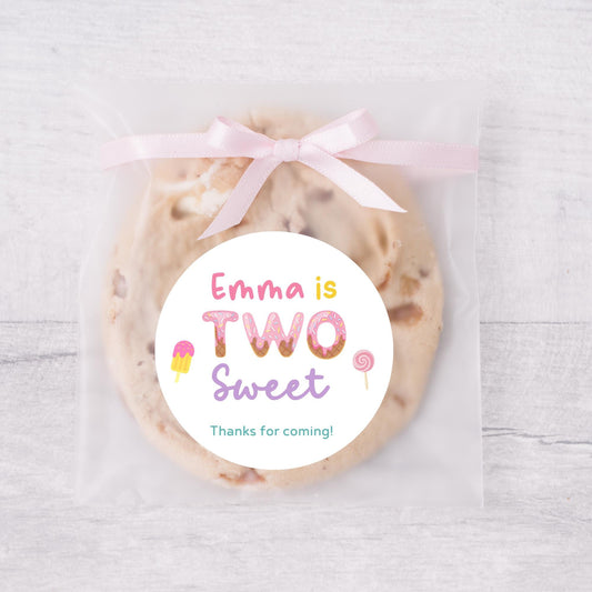 Personalized Two Sweet Second Birthday Stickers, Kids Custom Party Favor Gift Bag Labels