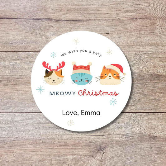 Have a Meowy Merry Christmas Personalized Holiday Stickers, Custom Festive Kitty Cats Gift Labels