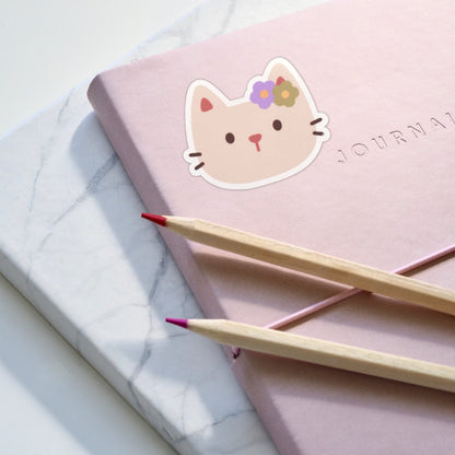 Cat Sticker | Cat Vinyl Sticker | Glossy Finish | Cute Cat Sticker | Cat Flower Sticker, Laptop Sticker, Water Bottle Sticker, Phone Sticker