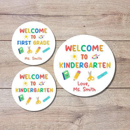 Personalized Back to School Stickers, Welcome to Kindergarten First Grade Any Grade Level Labels