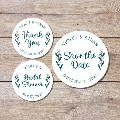 Personalized Floral Save the Date Wedding Stickers, Custom Thank You Labels, Floral Bridal Shower Thank You Sticker, Custom Wedding Sticker