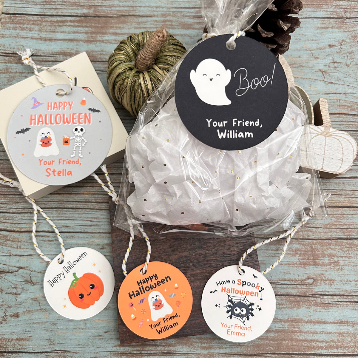 Personalized Boo Ghost Witch Happy Halloween Gift Tags, Custom Kids School Classroom Party Favor Gift Labels