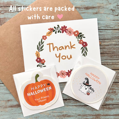 Personalized Halloween Ghost with Heart Stickers, Custom Halloween Goody Bag Label, Printed Kids Happy Halloween School Event Label