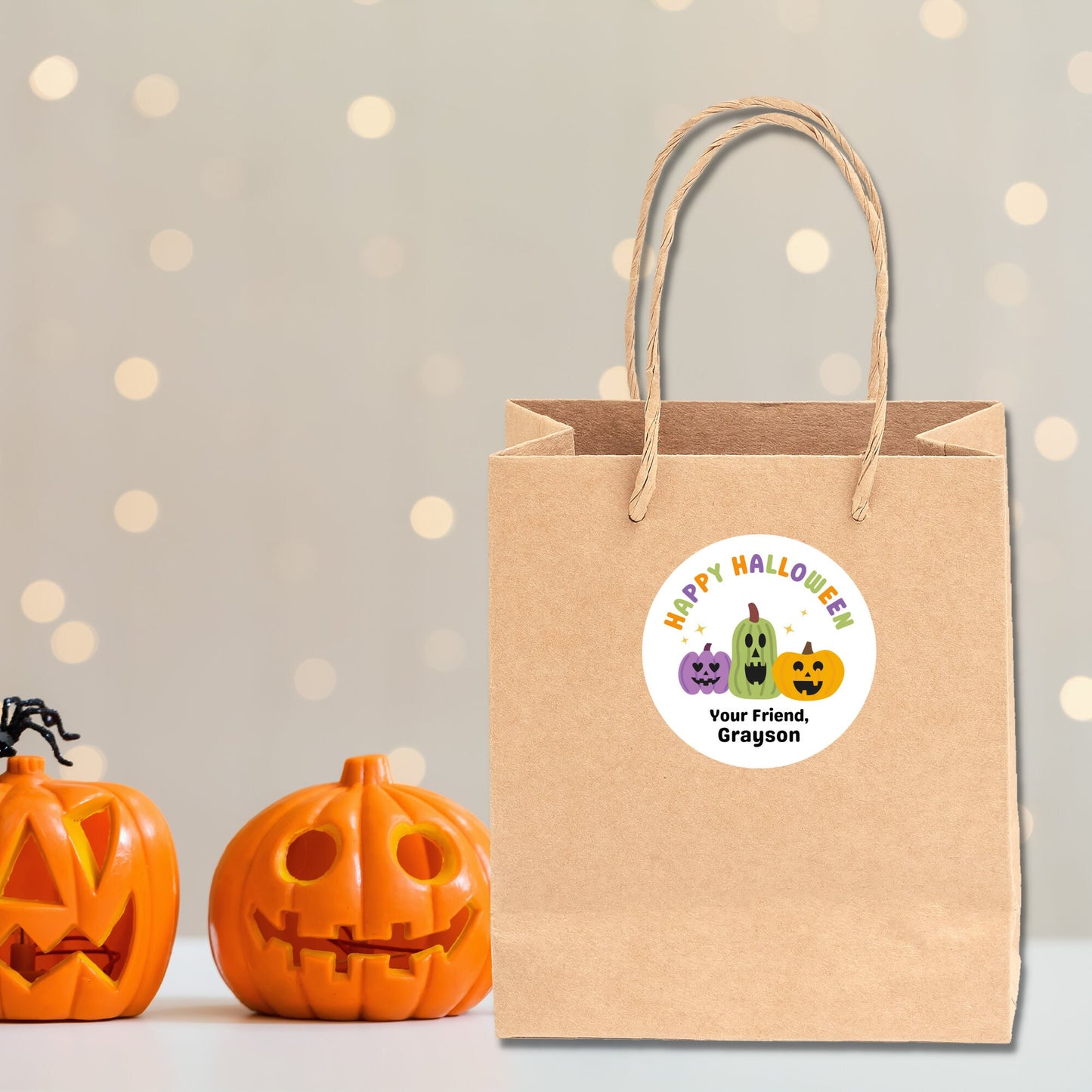 Personalized Triple Pumpkins Halloween Stickers, Custom Halloween Party Favor Goody Bag Label