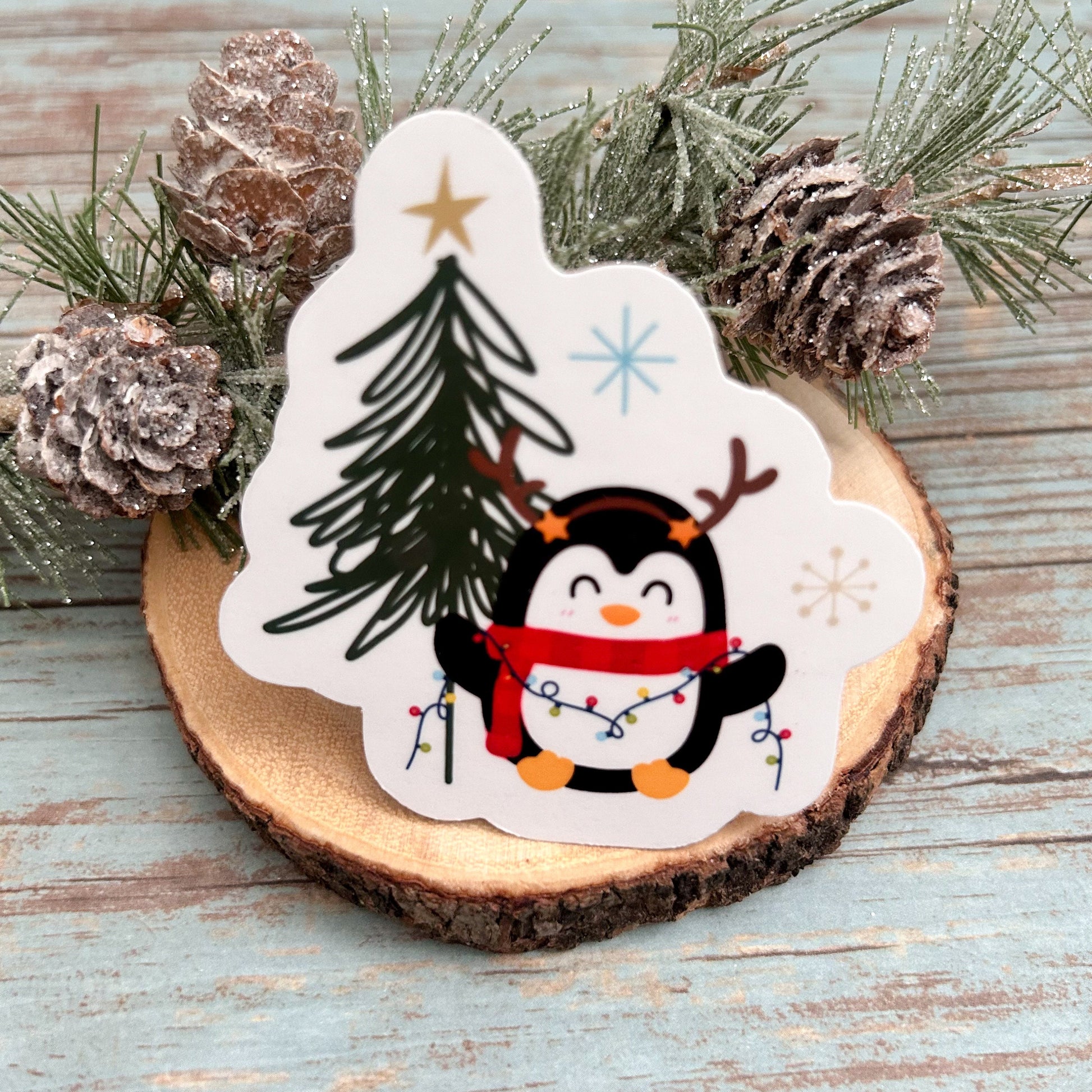 Christmas Penguin Vinyl Sticker, Glossy Finish, Laptop Water Bottle Decal Gift for Her, Stocking Stuffer, Cute Holiday Penguin Sticker