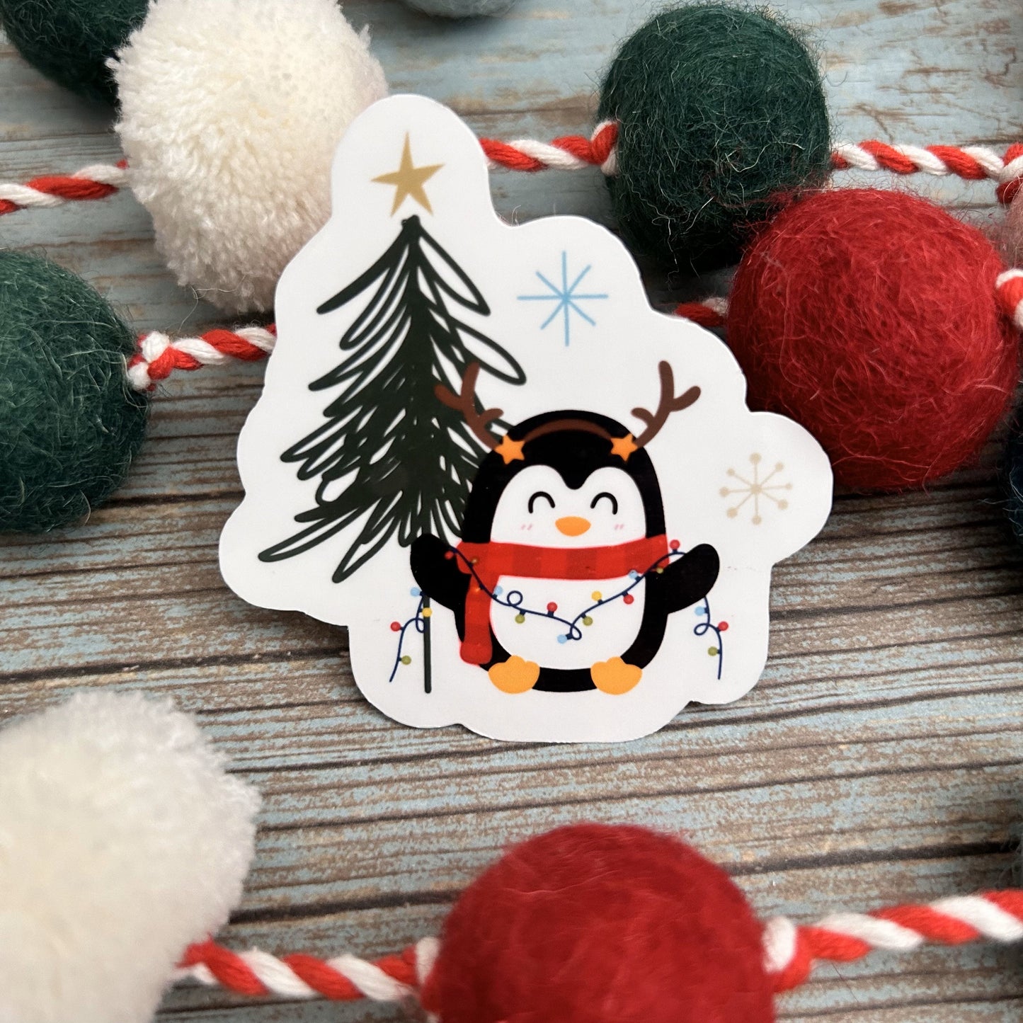 Christmas Penguin Vinyl Sticker, Glossy Finish, Laptop Water Bottle Decal Gift for Her, Stocking Stuffer, Cute Holiday Penguin Sticker