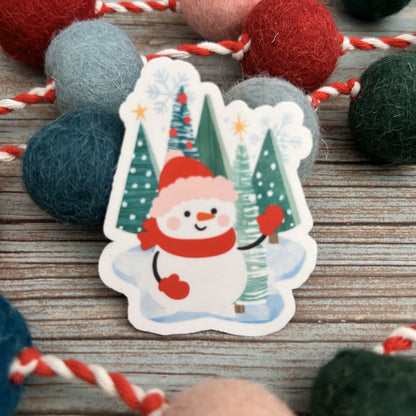 Snowman in Forest Vinyl Sticker, Glossy Finish, Laptop Water Bottle Decal Gift for Friends, Stocking Stuffer, Cute Holiday Snowman Sticker