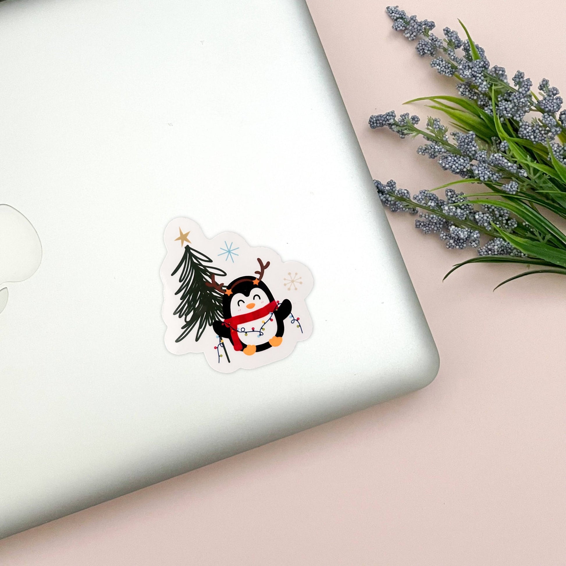 Christmas Penguin Vinyl Sticker, Glossy Finish, Laptop Water Bottle Decal Gift for Her, Stocking Stuffer, Cute Holiday Penguin Sticker