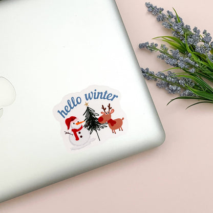 Snowman & Reindeer Vinyl Sticker, Glossy Finish, Laptop Water Bottle Decal Gift for Friends, Stocking Stuffer, Cute Holiday Snowman Sticker