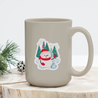 Snowman in Forest Vinyl Sticker, Glossy Finish, Laptop Water Bottle Decal Gift for Friends, Stocking Stuffer, Cute Holiday Snowman Sticker