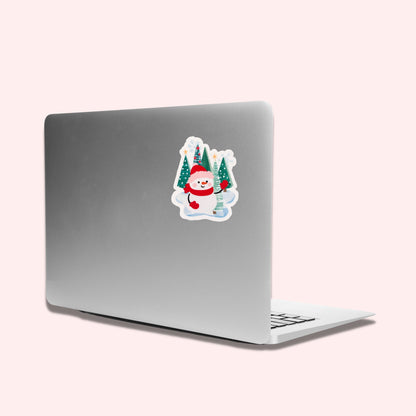 Snowman in Forest Vinyl Sticker, Glossy Finish, Laptop Water Bottle Decal Gift for Friends, Stocking Stuffer, Cute Holiday Snowman Sticker