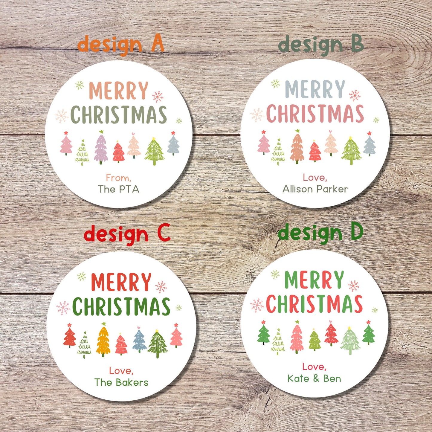 Merry Christmas Stickers, Personalized Xmas Trees Happy Holiday Label