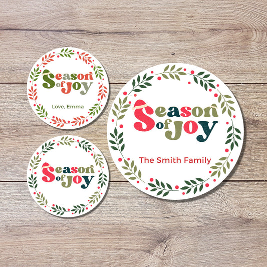 Season of Joy Custom Holiday Sticker, Personalized Christmas Label, Easy Peel Christmas Invitation Gift Wrap Envelope Seal Sticker