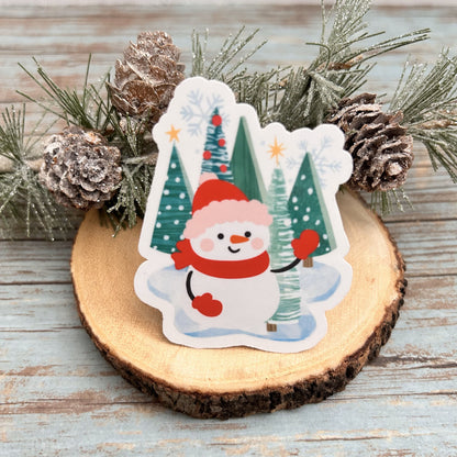 Snowman in Forest Vinyl Sticker, Glossy Finish, Laptop Water Bottle Decal Gift for Friends, Stocking Stuffer, Cute Holiday Snowman Sticker