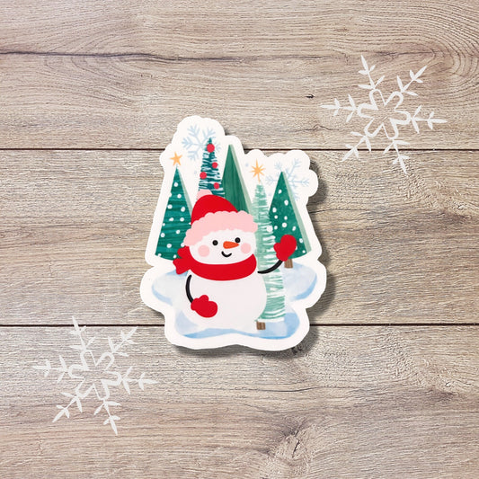 Snowman in Forest Vinyl Sticker, Glossy Finish, Laptop Water Bottle Decal Gift for Friends, Stocking Stuffer, Cute Holiday Snowman Sticker