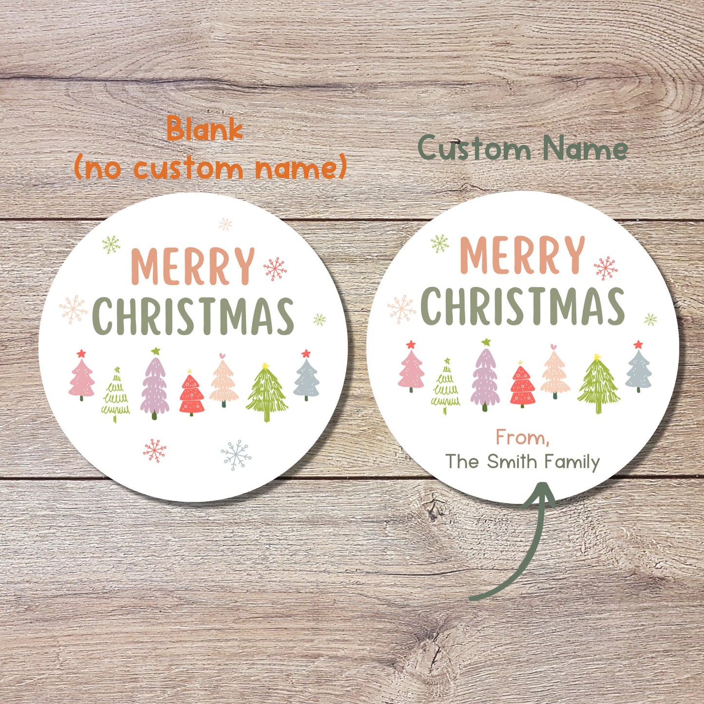 Merry Christmas Stickers, Personalized Xmas Trees Happy Holiday Label