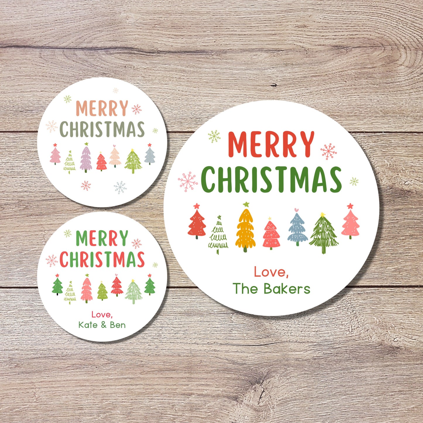 Merry Christmas Stickers, Personalized Xmas Trees Happy Holiday Label