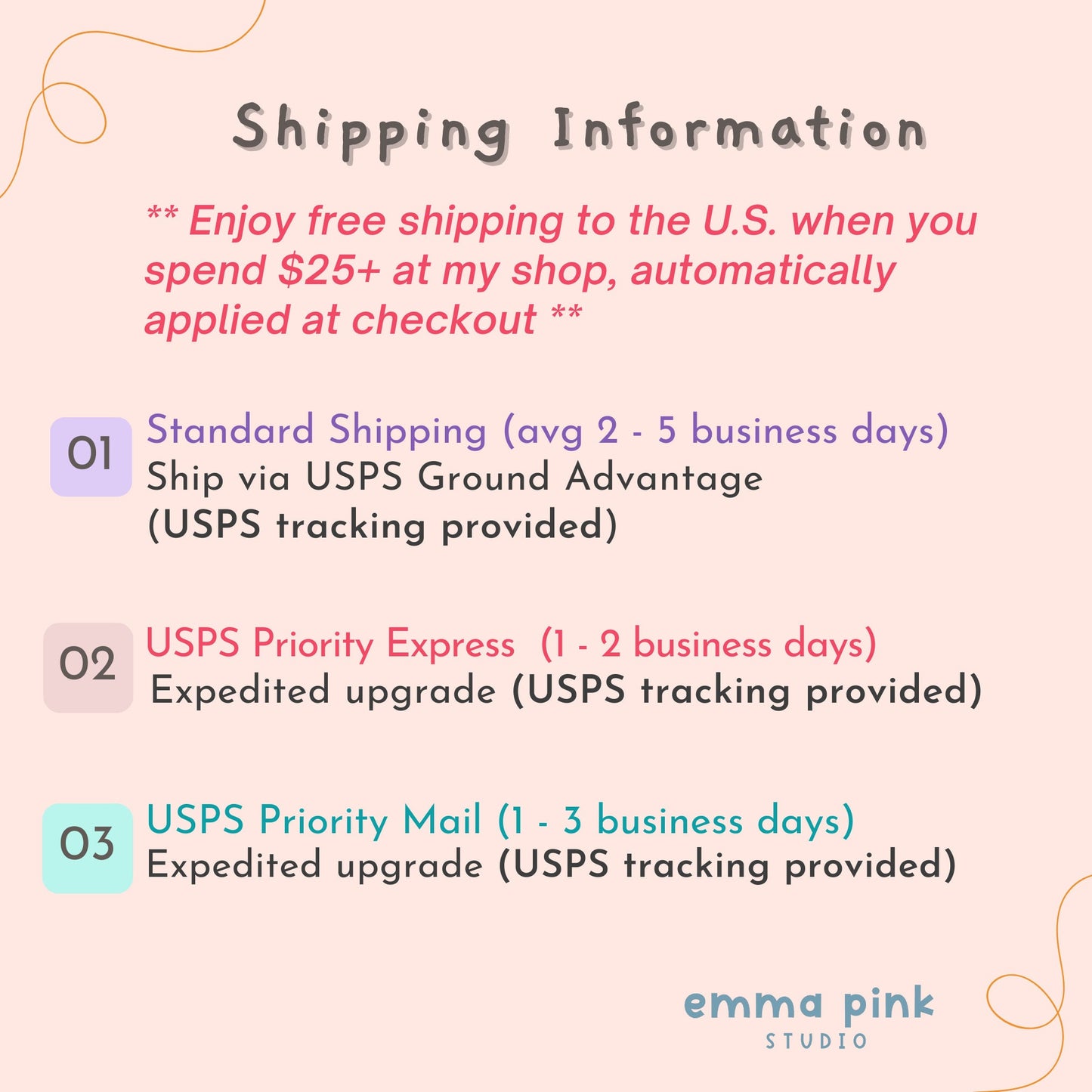 a pink background with a text description for shipping information