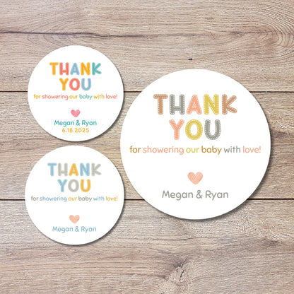 Personalized Baby Shower Stickers, Custom Thank You for Showering Our Baby with Love Labels, Mom to Be Thank You Party Favor Sticker