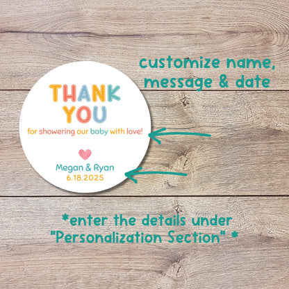 Personalized Baby Shower Stickers, Custom Thank You for Showering Our Baby with Love Labels, Mom to Be Thank You Party Favor Sticker