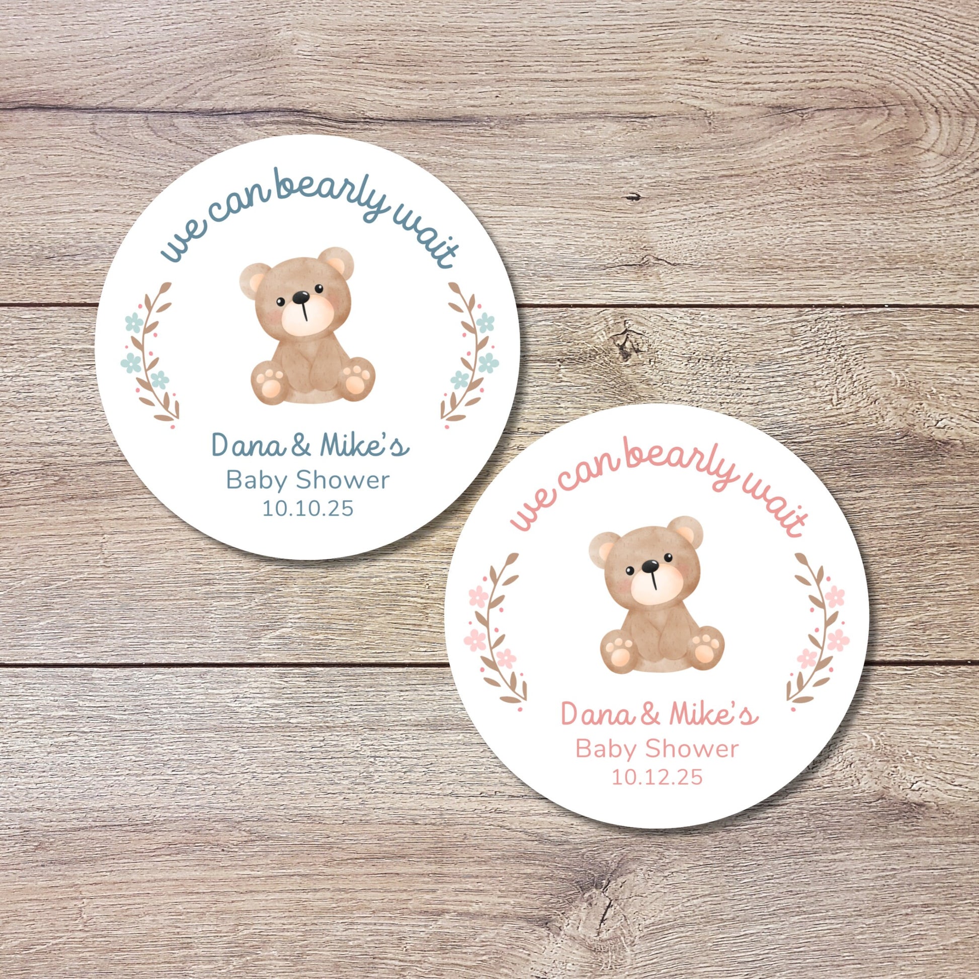 Personalized Baby Shower Stickers, Custom We Can Bearly Wait Party Favor Labels, Teddy Bear Baby Girl Baby Boy Shower Stickers