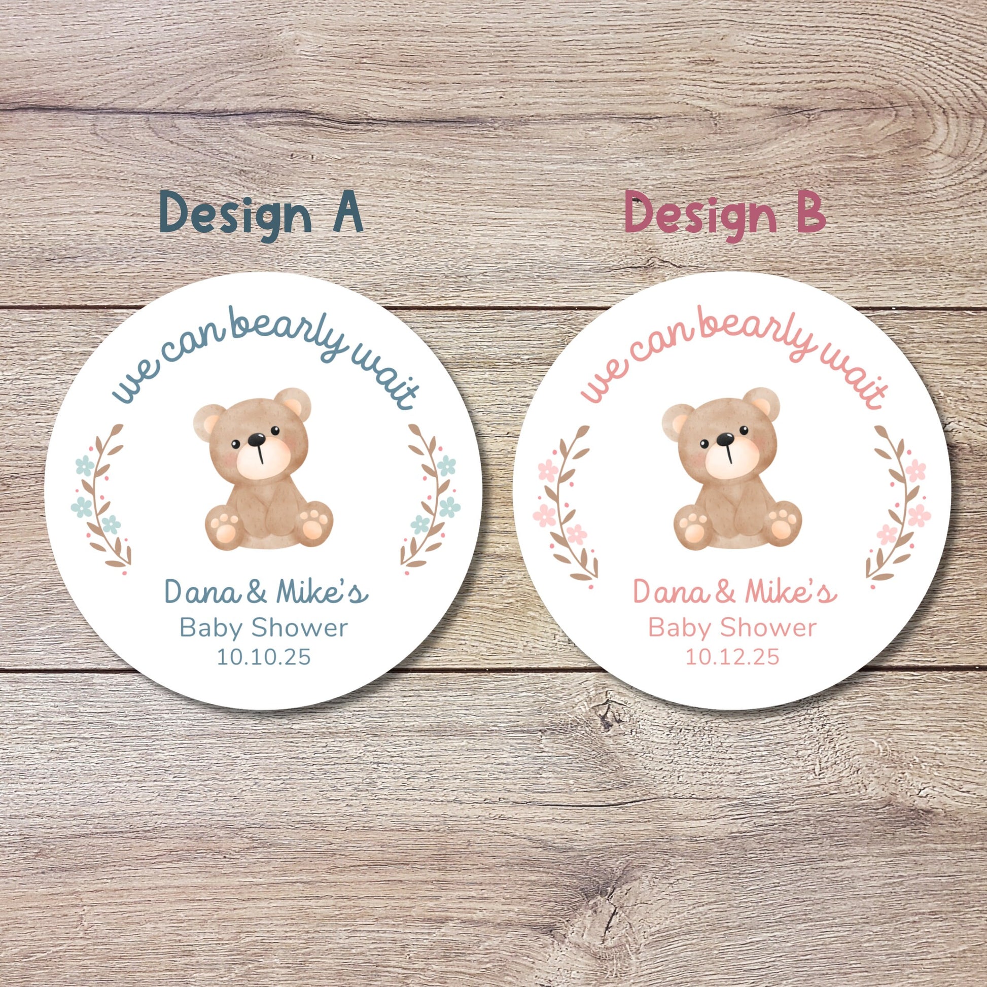 Personalized Baby Shower Stickers, Custom We Can Bearly Wait Party Favor Labels, Teddy Bear Baby Girl Baby Boy Shower Stickers