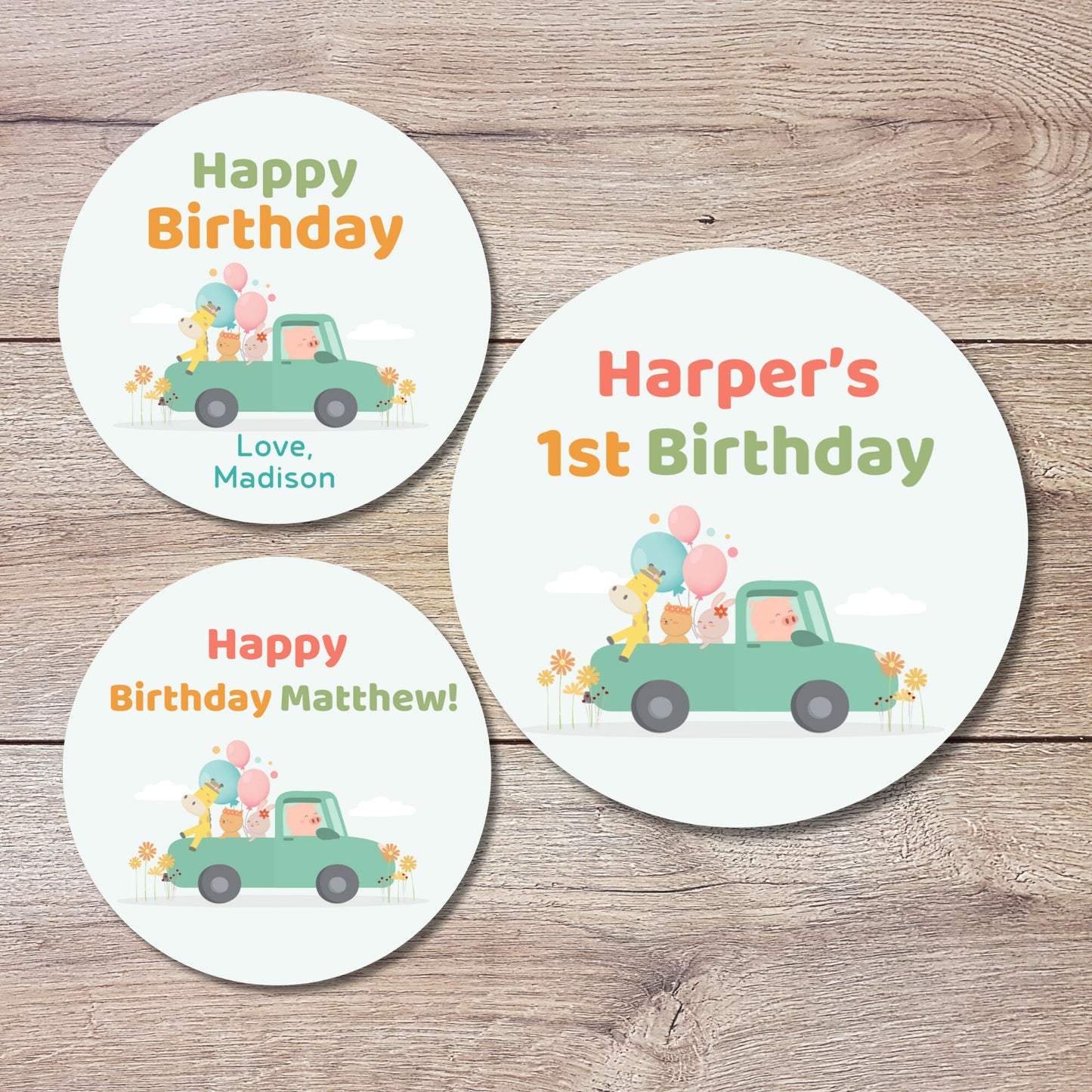 Personalized Happy Birthday Sticker, Animal Theme Birthday Goody Bag, Custom First Birthday Label, Kids Birthday Party, Thank You Sticker