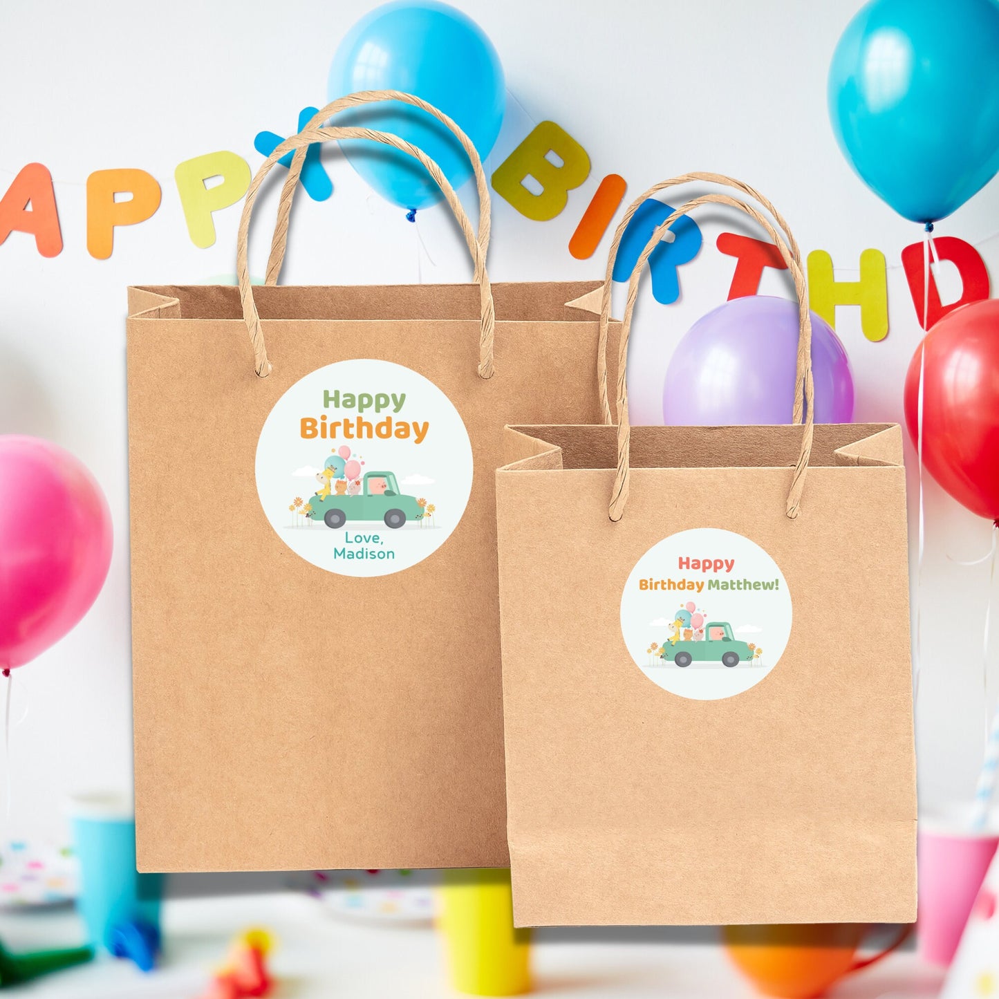 Personalized Happy Birthday Sticker, Animal Theme Birthday Goody Bag, Custom First Birthday Label, Kids Birthday Party, Thank You Sticker