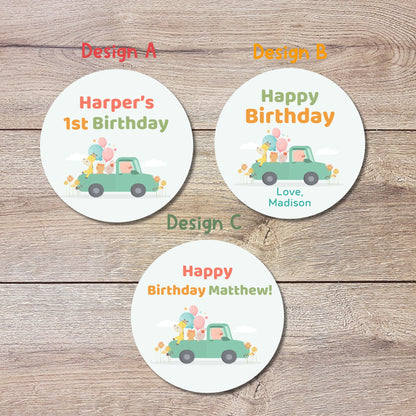 Personalized Happy Birthday Sticker, Animal Theme Birthday Goody Bag, Custom First Birthday Label, Kids Birthday Party, Thank You Sticker