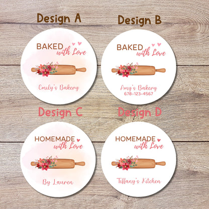 Personalized Baked with Love Stickers, Customized Baked Goods Label, Homemade with Love Small Business Bakery Packaging Label Baking Sticker