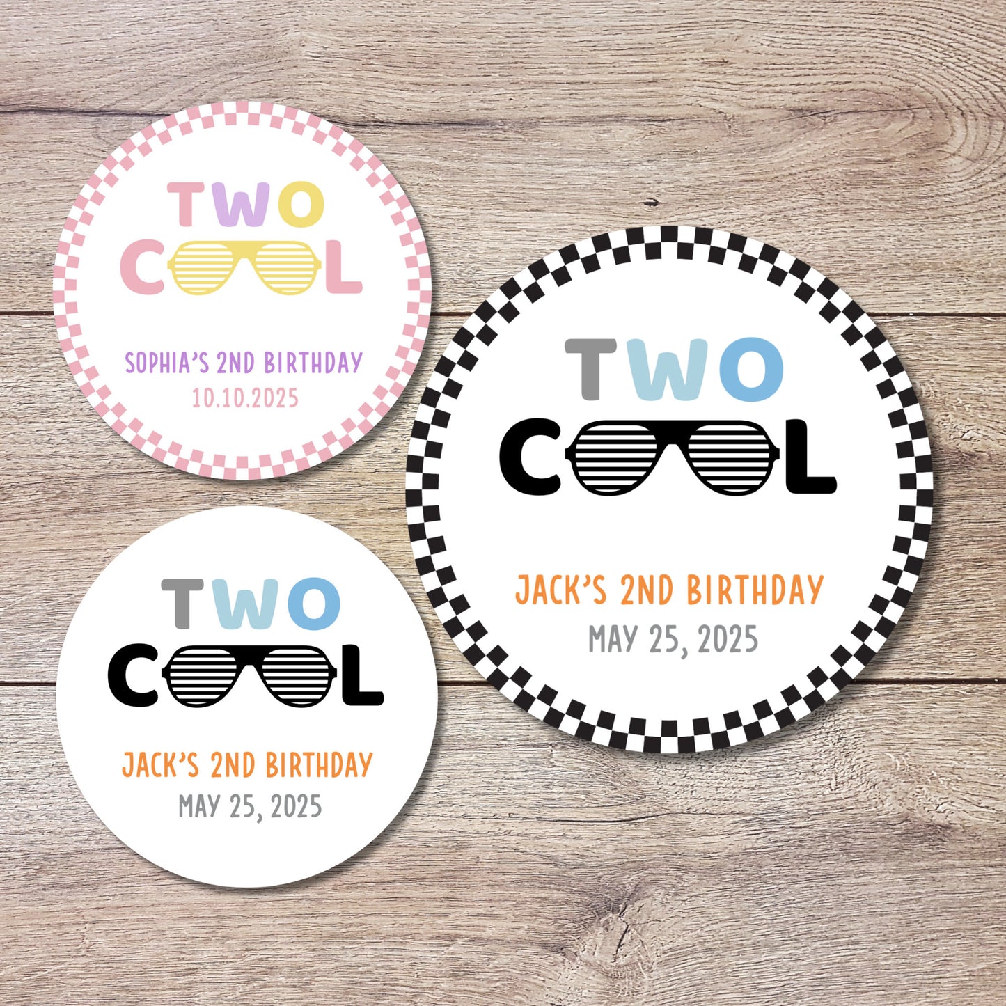 Two Cool Happy Birthday Stickers, Personalized Goody Bag Stickers, Custom Kids Birthday Party Favor Labels, Cool Retro Birthday Theme