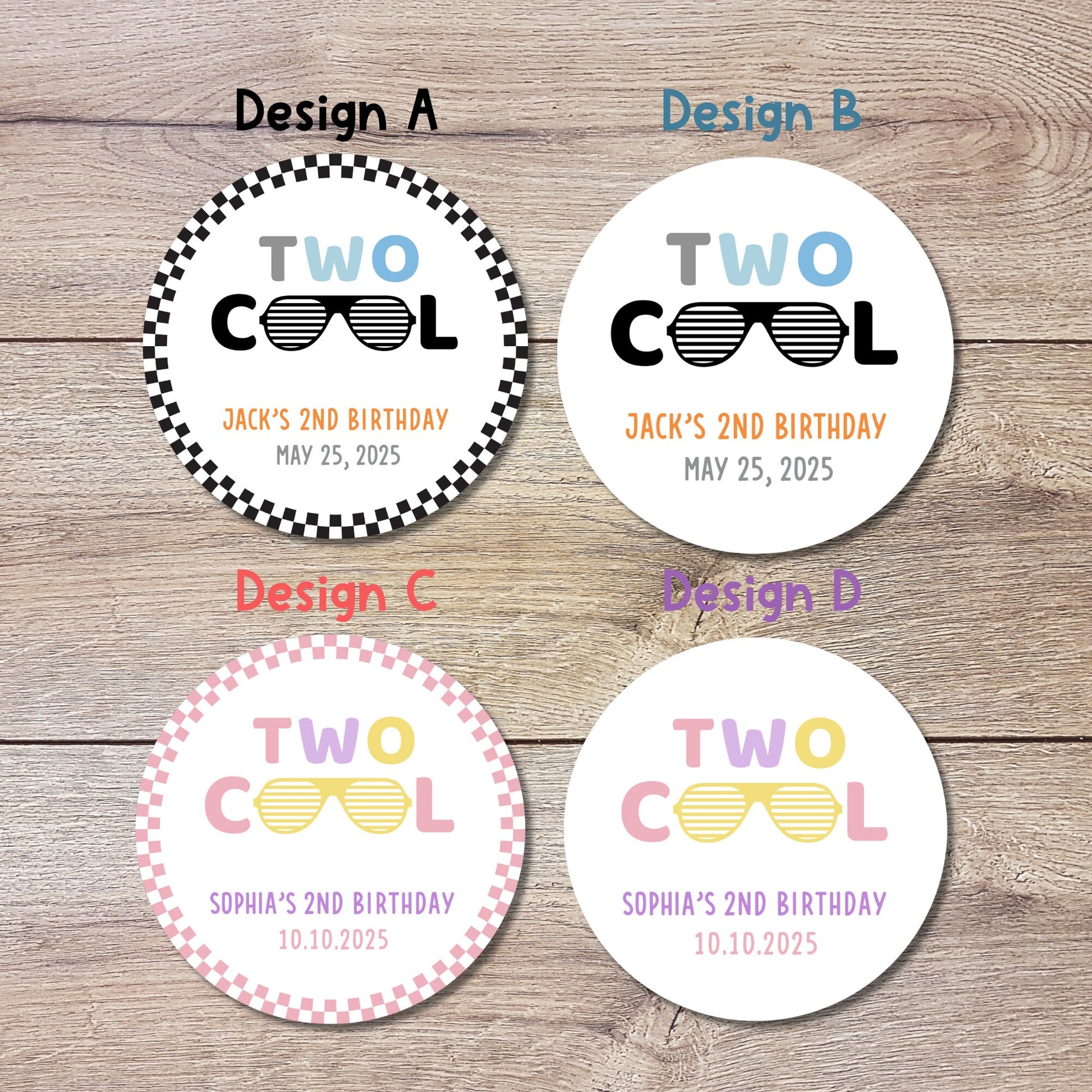 Two Cool Happy Birthday Stickers, Personalized Goody Bag Stickers, Custom Kids Birthday Party Favor Labels, Cool Retro Birthday Theme