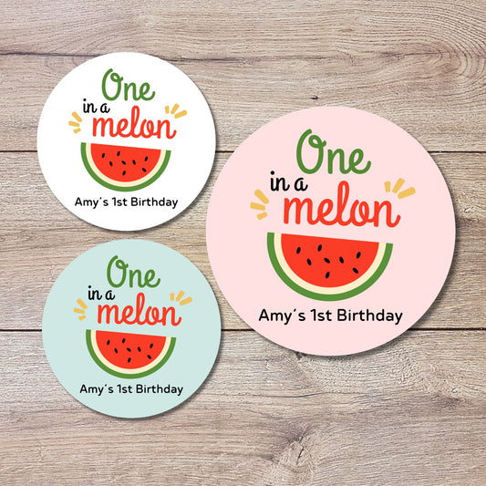 Personalized One in A Melon Birthday Stickers, Custom Party Favor Goody Bag Labels, Kids Birthday Balloon Stickers, First Birthday Party