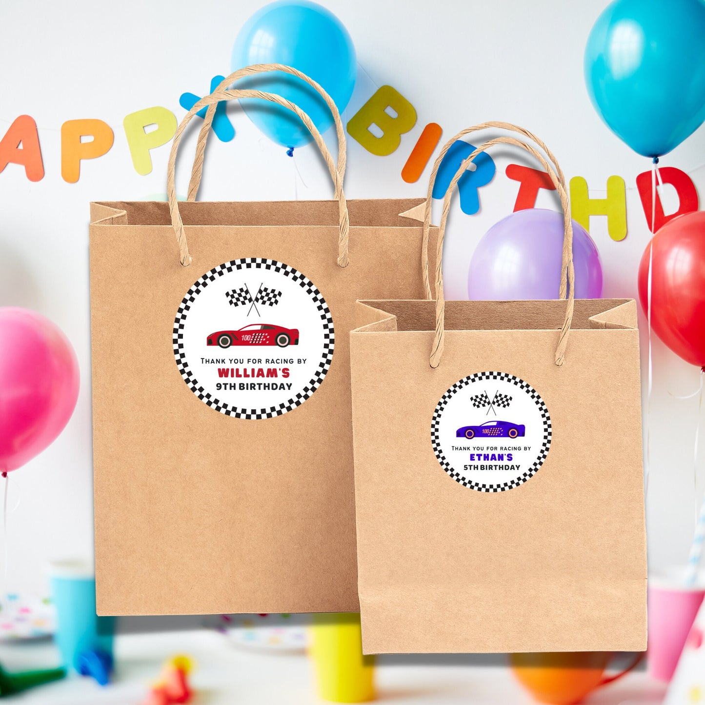 Personalized Race Car Theme Birthday Stickers, Goody Bag Party Favor Stickers, Custom Thank You Happy Birthday Label, Girls Boys Birthday