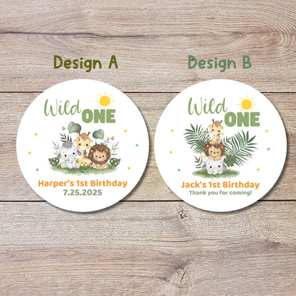Personalized Safari Animals Wild One Birthday Sticker, Custom First Birthday Party Favor Labels, Kids Jungle Safari Thank You Birthday