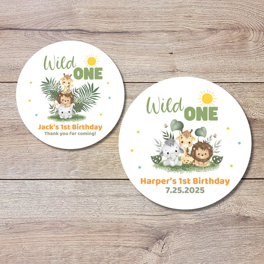 Personalized Safari Animals Wild One Birthday Sticker, Custom First Birthday Party Favor Labels, Kids Jungle Safari Thank You Birthday