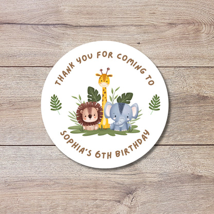 Personalized Safari Birthday Sticker, Custom Goody Bag Party Favor Labels, Kids Jungle Safari Animals Thank You Birthday Stickers
