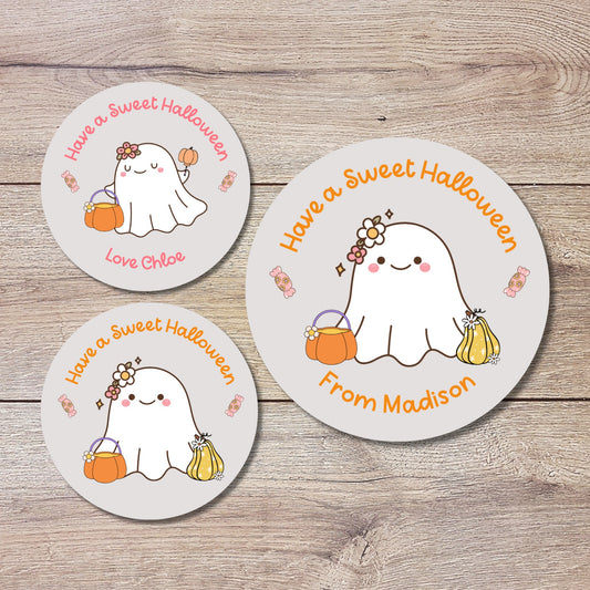 Personalized Have a Sweet Halloween Stickers, Custom Halloween Goody Bag Label, Printed Kids Happy Halloween School Event Label, Cute Ghost